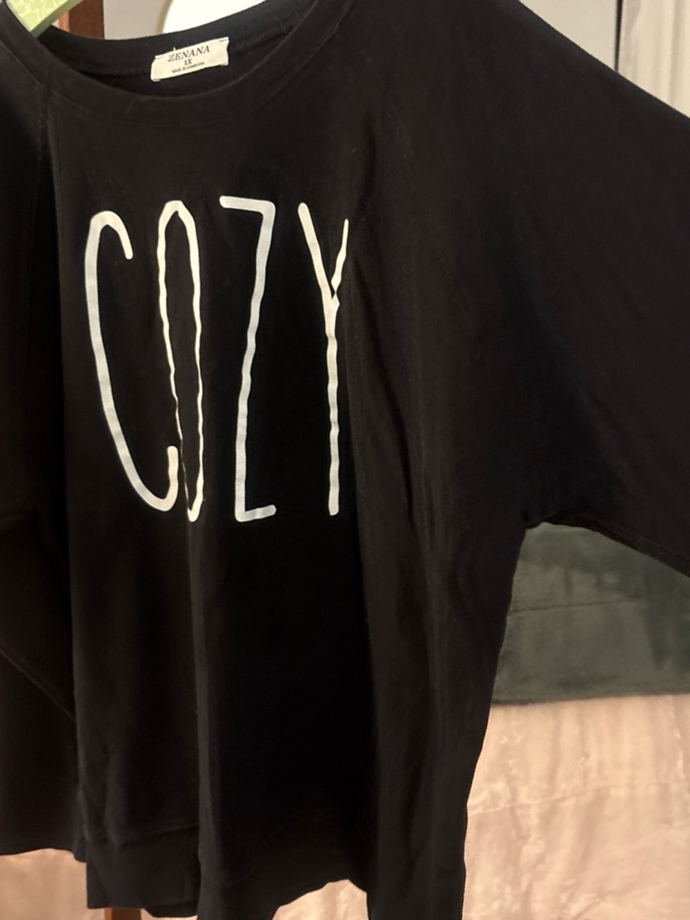 Zenana Outfitters Black Sweatshirt with White COZY Graphic